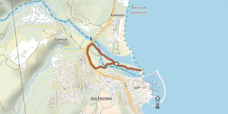 Carte du tracé de Parcours de Santé de Solenzara sur le Plan IGN, départ et points de passage numérotés