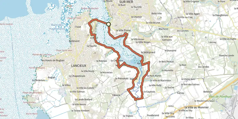 Carte du tracé de St-Briac l'estuaire du Frémur sur le Plan IGN, départ et points de passage numérotés