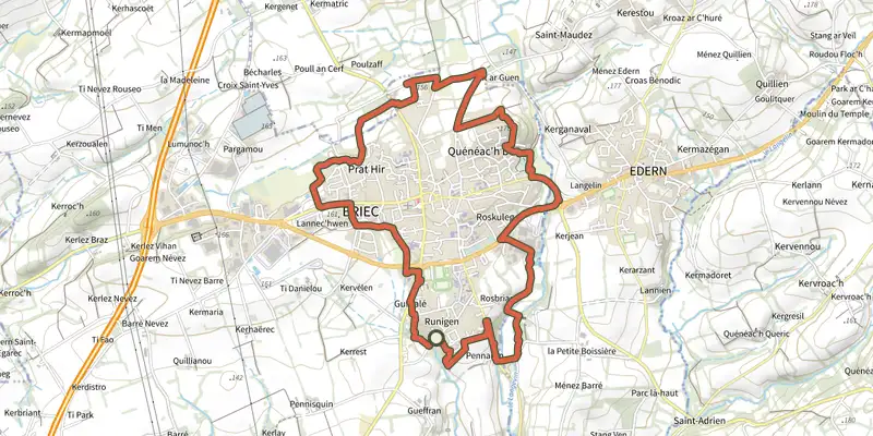 Carte du tracé de Hent Glaz sur le Plan IGN, départ et points de passage numérotés