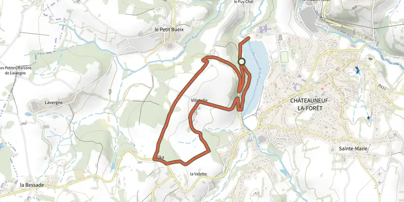 Carte du tracé de Sentier de Villetelle sur le Plan IGN, départ et points de passage numérotés