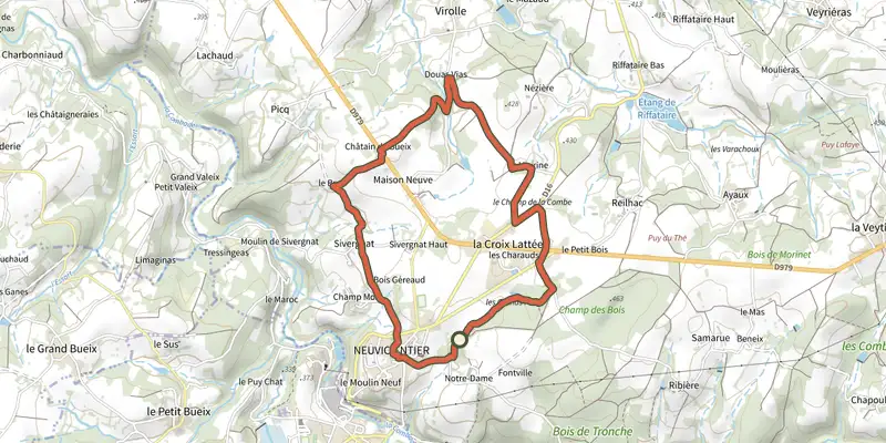 Map of the Sentier Douas Vias track on the IGN map, with the start and numbered waypoints