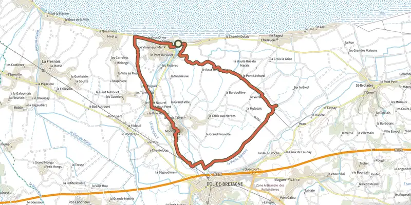 Map of the Du Bec à l'Ane track on the IGN map, with the start and numbered waypoints