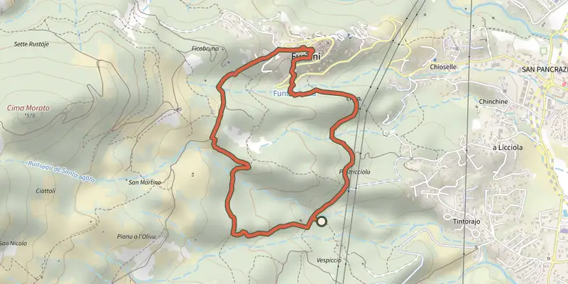 Map of the Sentier du Patrimoine de Furiani track on the IGN map, with the start and numbered waypoints