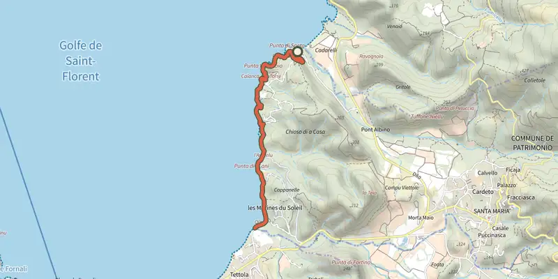 Carte du tracé de Balade littorale de Catarelli à Olzo sur le Plan IGN, départ et points de passage numérotés