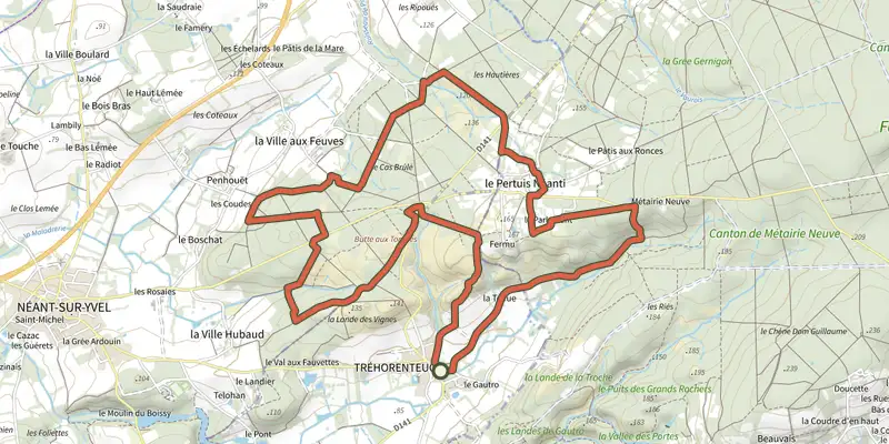 Carte du tracé de Autour du Jardin aux Moines sur le Plan IGN, départ et points de passage numérotés