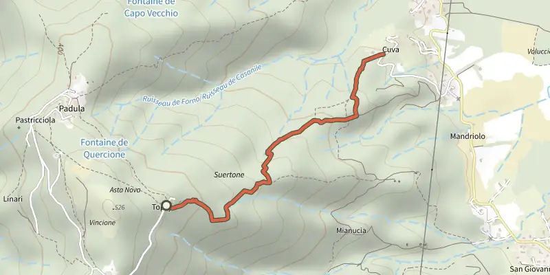 Map of the Sentier Cuva-Topaja track on the IGN map, with the start and numbered waypoints