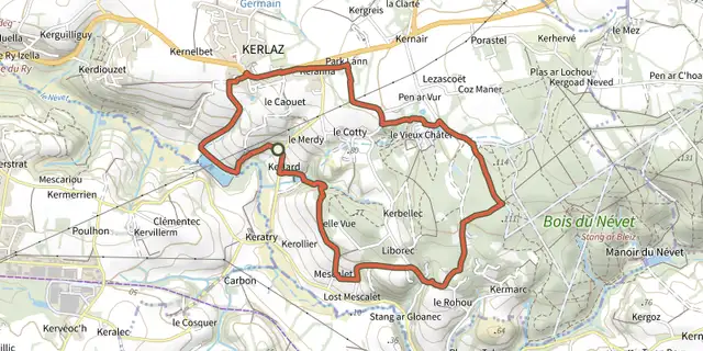 Tracé de PR035 La Vallée de Kerlaz sur le Plan IGN