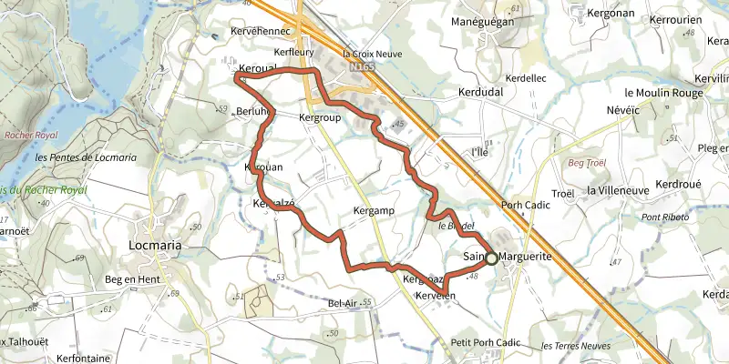 Carte du tracé de Balade des Fontaines sur le Plan IGN, départ et points de passage numérotés