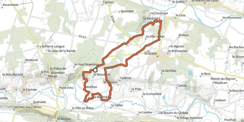 Carte du tracé de Grand Circuit de la Chapelle de la Bogeraie sur le Plan IGN, départ et points de passage numérotés