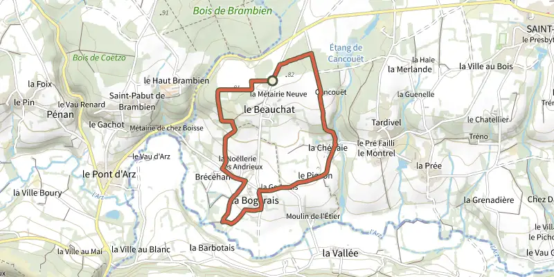 Carte du tracé de Petit Circuit de la Chapelle de la Bogeraie sur le Plan IGN, départ et points de passage numérotés