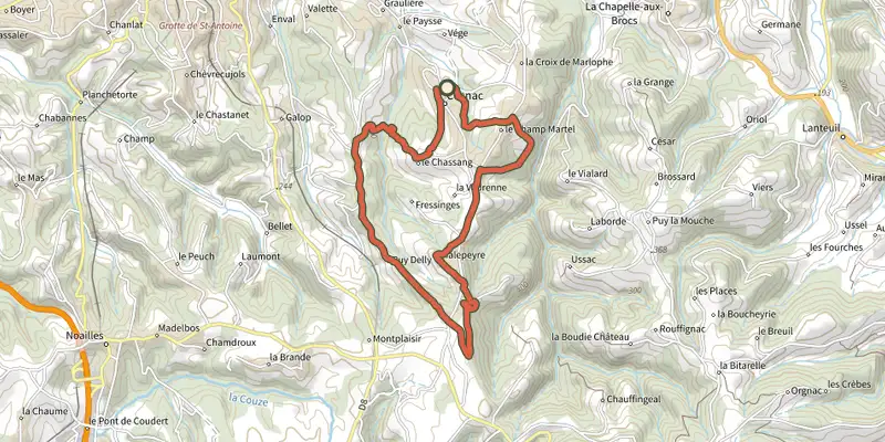 Carte du tracé de Le grand tour de Cosnac sur le Plan IGN, départ et points de passage numérotés