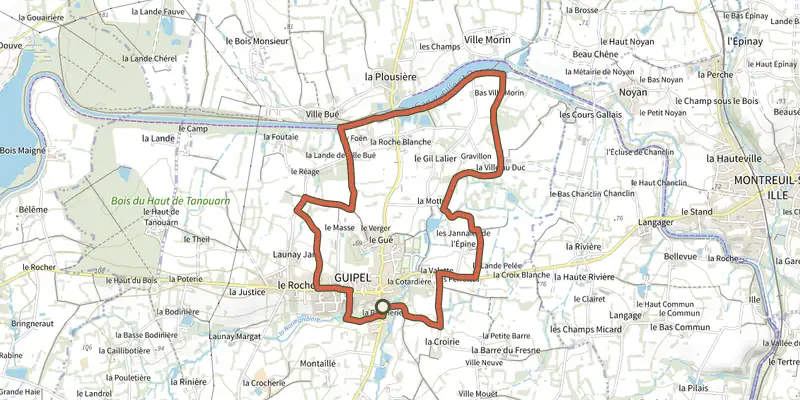 Carte du tracé de Sentier des Guipellois sur le Plan IGN, départ et points de passage numérotés