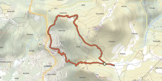 Tracé de Sentier du Patrimoine de Lumio sur le Plan IGN