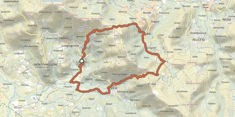 Carte du tracé de Boucle de Montegrosso - Muro - Zilia sur le Plan IGN, départ et points de passage numérotés