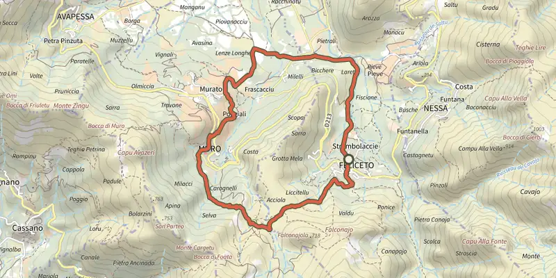 Carte du tracé de Boucle de Feliceto - Muro sur le Plan IGN, départ et points de passage numérotés