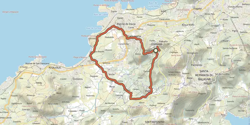 Carte du tracé de Boucle de Corbara - Pigna - Varcale sur le Plan IGN, départ et points de passage numérotés