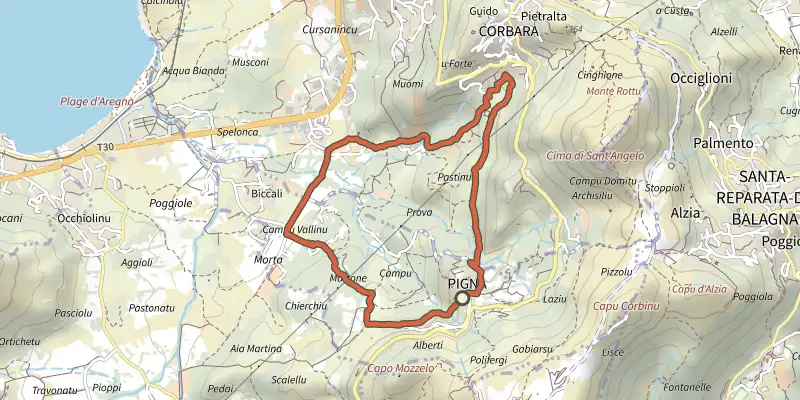 Map of the Boucle de San Ciprianu track on the IGN map, with the start and numbered waypoints