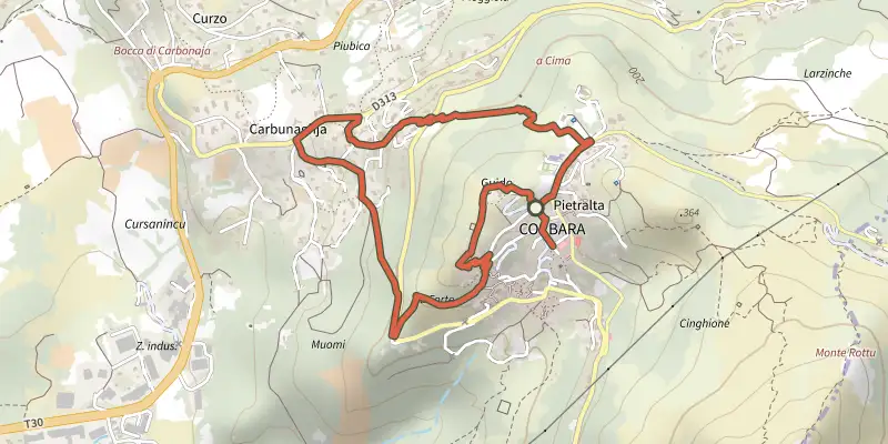 Carte du tracé de Boucle Corbara - Carbunaghja sur le Plan IGN, départ et points de passage numérotés