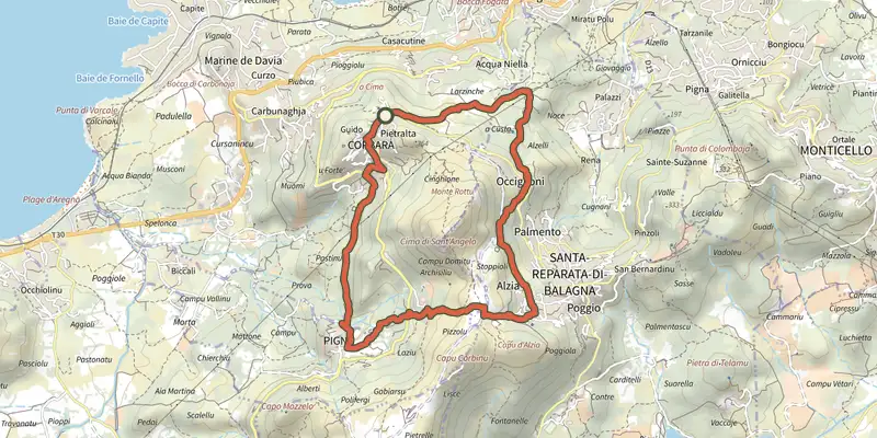 Carte du tracé de Tour de la Cima Sant'Anghjulu sur le Plan IGN, départ et points de passage numérotés