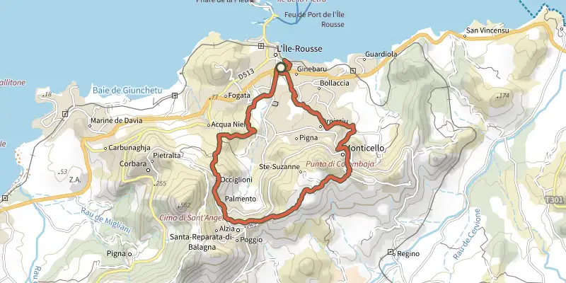 Carte du tracé de Giru L'Île-Rousse - Sta Reparata - Monticello sur le Plan IGN, départ et points de passage numérotés