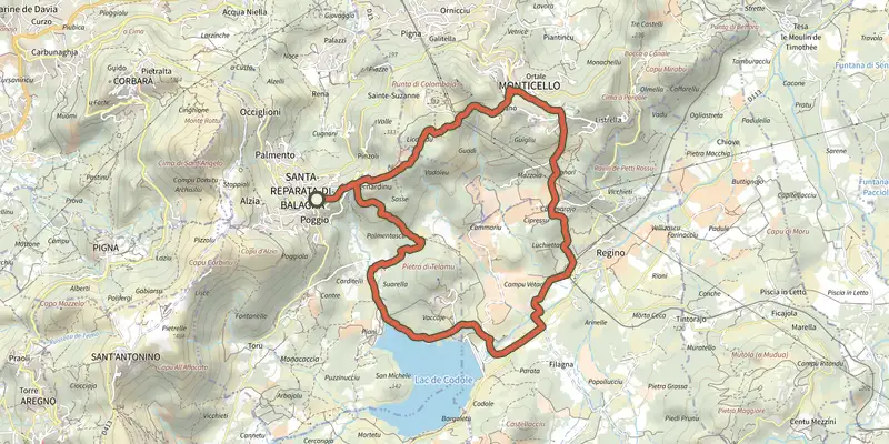 Carte du tracé de Boucle du barrage de Codole sur le Plan IGN, départ et points de passage numérotés