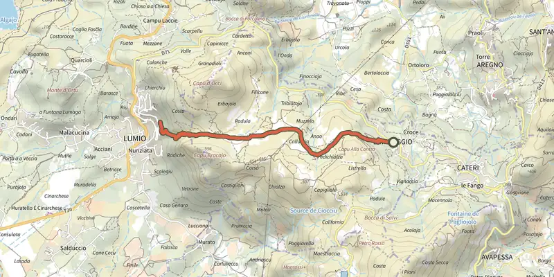 Carte du tracé de Paese à Paese Lumiu-Lavatoghju sur le Plan IGN, départ et points de passage numérotés