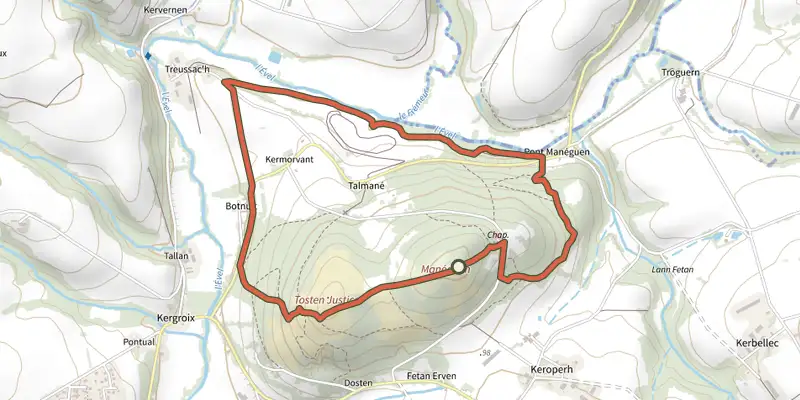 Map of the Circuit du Manéguen track on the IGN map, with the start and numbered waypoints