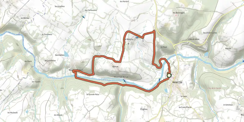 Map of the Sentier des trois moulins track on the IGN map, with the start and numbered waypoints