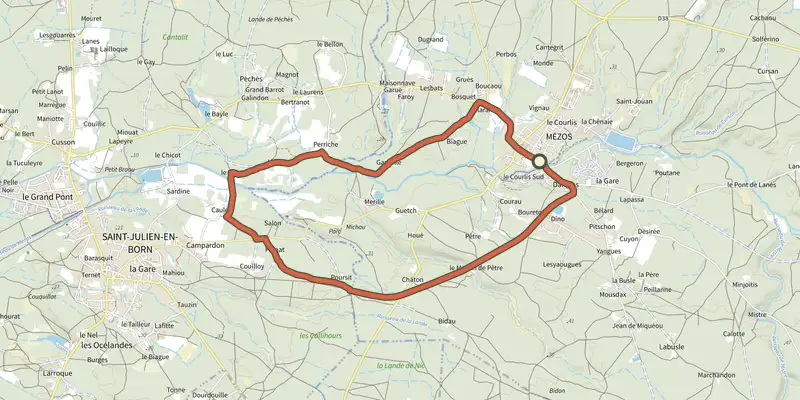 Map of the Sentier de randonnée Mézos track on the IGN map, with the start and numbered waypoints