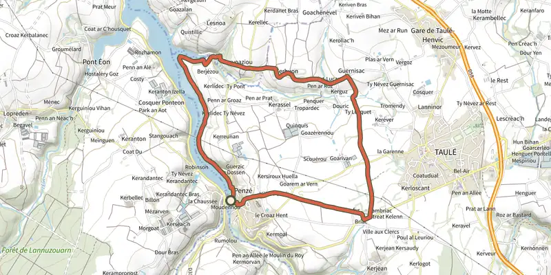 Carte du tracé de Circuit de la Penzé sur le Plan IGN, départ et points de passage numérotés