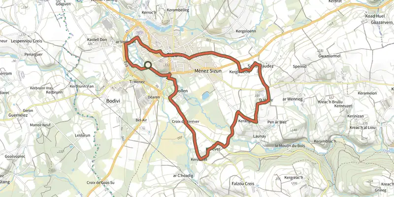 Carte du tracé de Circuit de Pont an Denved sur le Plan IGN, départ et points de passage numérotés