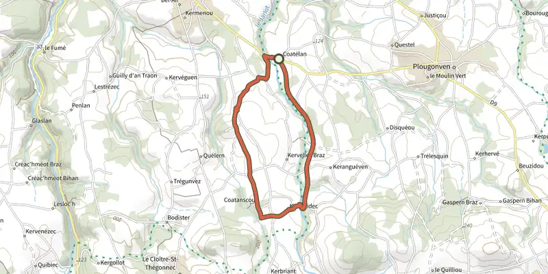 Map of the Boucle de Coatanscour track on the IGN map, with the start and numbered waypoints