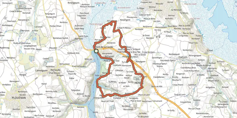 Carte du tracé de Boucle du Vanneg sur le Plan IGN, départ et points de passage numérotés