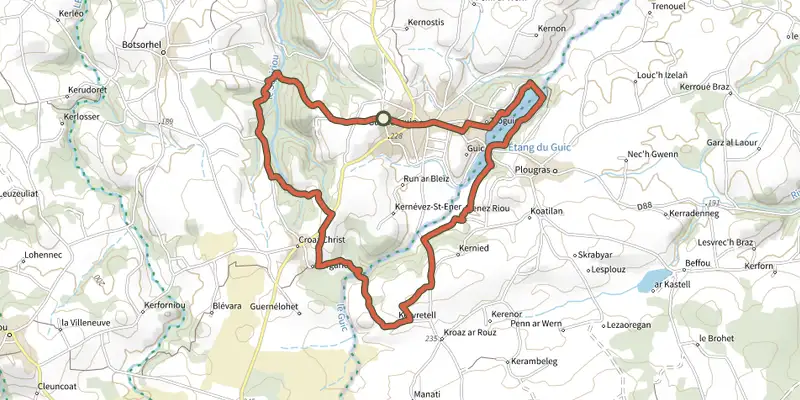 Carte du tracé de L'Étang du Guic sur le Plan IGN, départ et points de passage numérotés