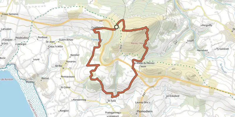 Carte du tracé de Circuit du Menez-Hom sur le Plan IGN, départ et points de passage numérotés