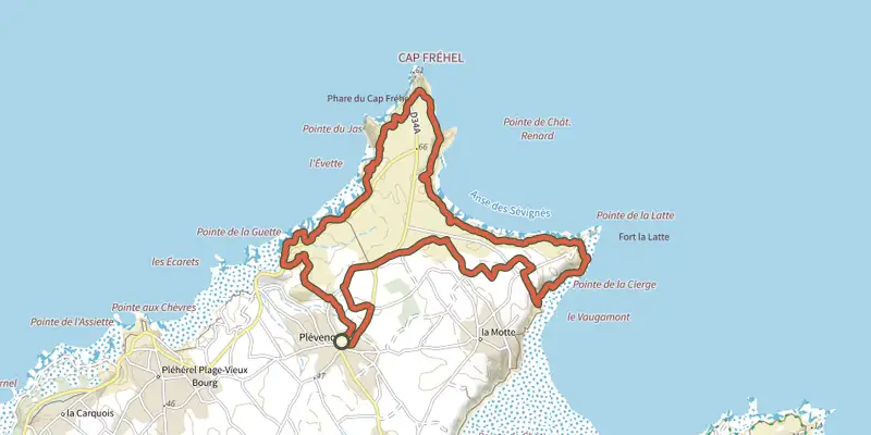 Map of the Des Landes aux Deux Pointes track on the IGN map, with the start and numbered waypoints