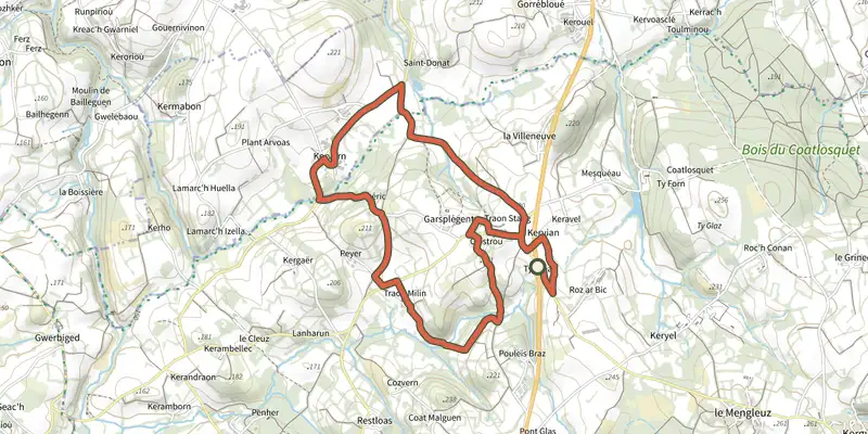 Carte du tracé de Boucle des Maisons Anglaises sur le Plan IGN, départ et points de passage numérotés