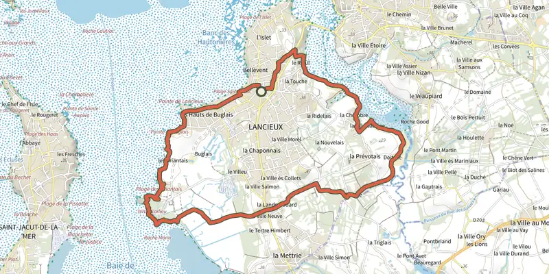 Carte du tracé de Autour de Lancieux sur le Plan IGN, départ et points de passage numérotés