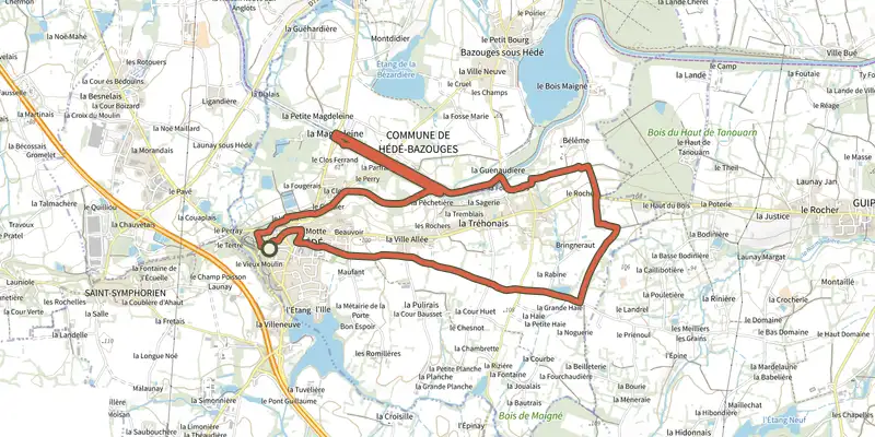Carte du tracé de Les 7 Moulins et les 11 Écluses sur le Plan IGN, départ et points de passage numérotés