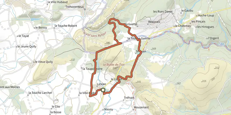 Carte du tracé de Les Landes de Gurwan sur le Plan IGN, départ et points de passage numérotés