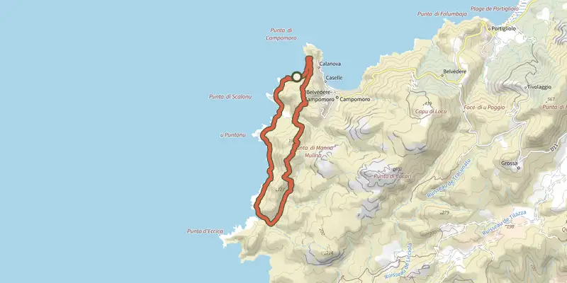 Carte du tracé de Boucle de Manna Mulina sur le Plan IGN, départ et points de passage numérotés