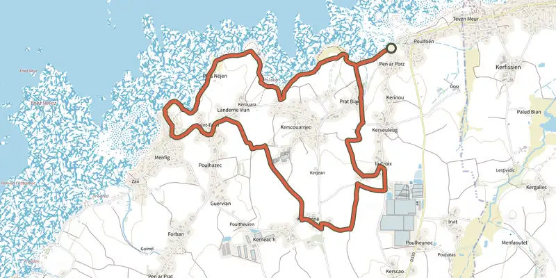 Carte du tracé de Circuit des Korrigans sur le Plan IGN, départ et points de passage numérotés