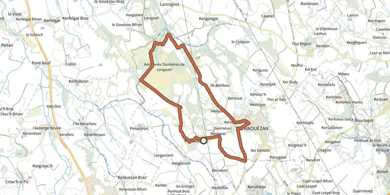 Map of the La Tourbière de Langazel track on the IGN map, with the start and numbered waypoints
