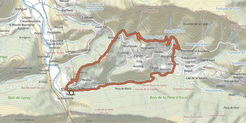 Map of the Tour Bilboquet-Barescou asp01 track on the IGN map, with the start and numbered waypoints