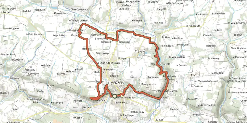 Map of the La Vallée du Trévelo track on the IGN map, with the start and numbered waypoints