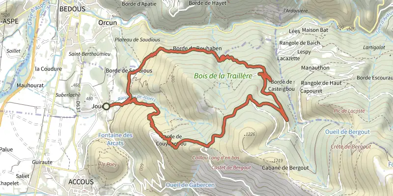 Map of the Tour de la Borde de Bouhaben asp26 track on the IGN map, with the start and numbered waypoints