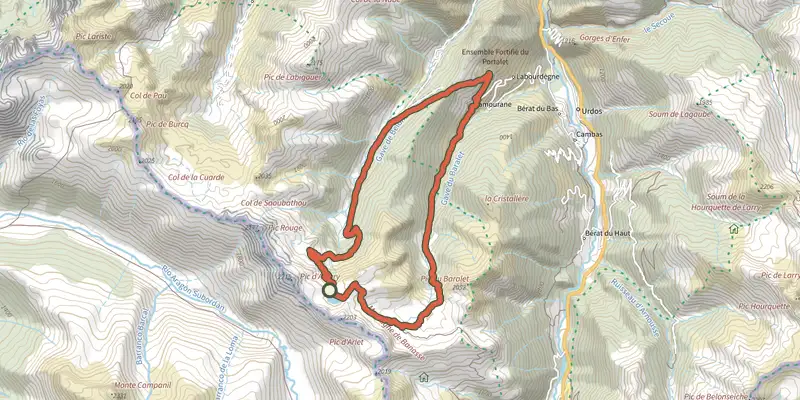 Map of the Tour du Lac d'Arlet asp68 track on the IGN map, with the start and numbered waypoints