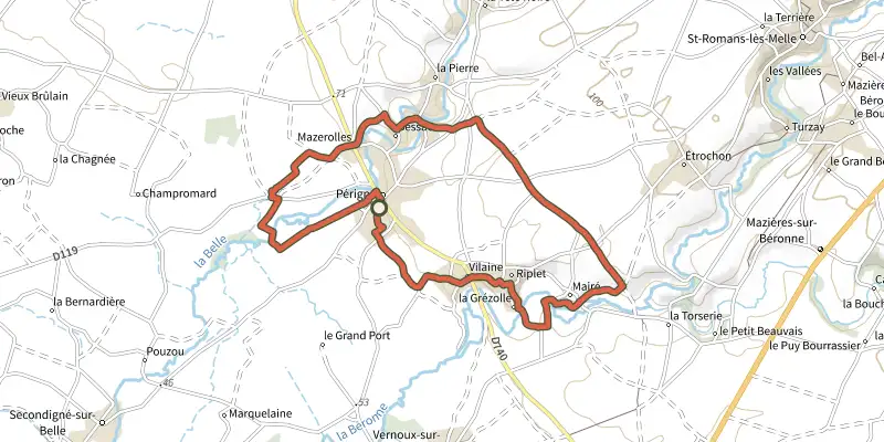 Map of the Le chemin des lavoirs track on the IGN map, with the start and numbered waypoints