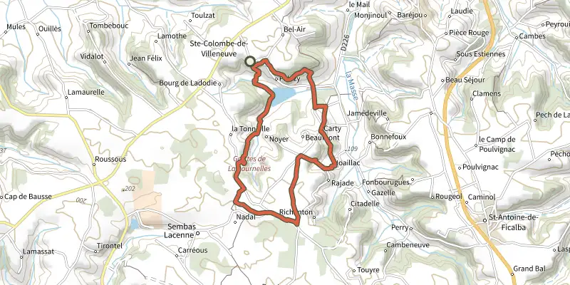 Map of the Sainte-Colombe-de-Villeneuve, vers les grottes de Lastournelles track on the IGN map, with the start and numbered waypoints