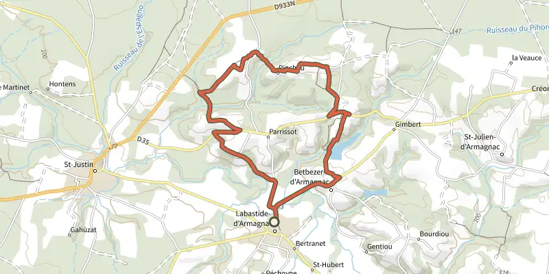 Map of the Itinerie d'Armagnac track on the IGN map, with the start and numbered waypoints